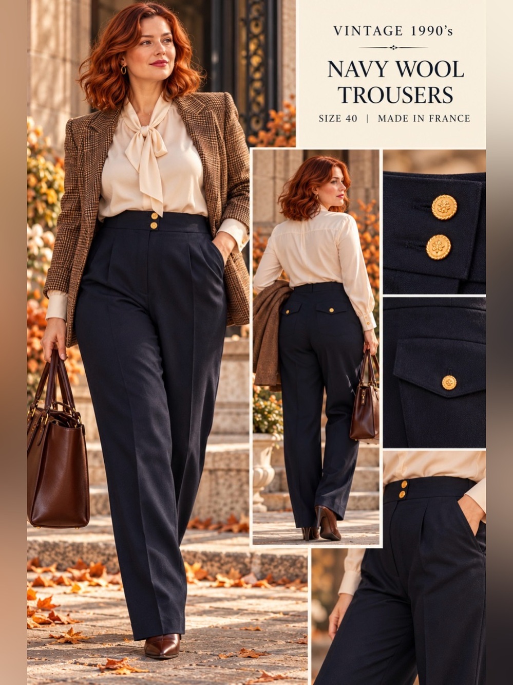 CHANEL -vintage 90s- Navy -Wool -High-Waist Trousers with Gold Buttons